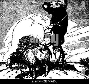 The Adventures of Alexander Selkirk, this scene shows a standing man with an animal on mountains, vintage line drawing or engraving illustration Stock Vector