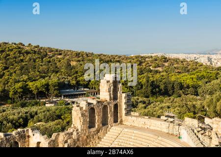 View of Acropolis. Famous place in Athens - capital of Greece. Ancient monuments. Stock Photo