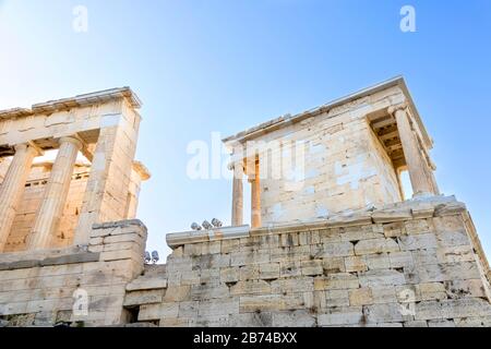 View of Acropolis. Famous place in Athens - capital of Greece. Ancient monuments. Stock Photo