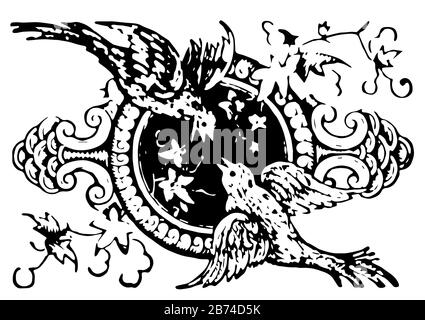 this beautiful have two chirping birds, vintage line drawing or engraving illustration. Stock Vector