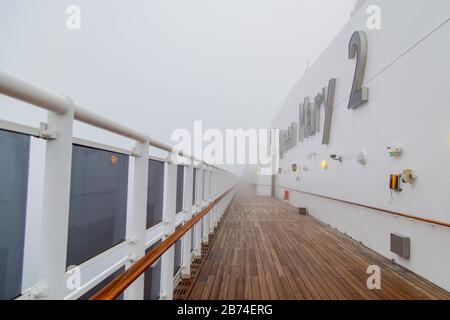 Crossing the Atlantic Ocean from Brooklyn to Southampton onboard the ocean liner Queen Mary 2. Stock Photo