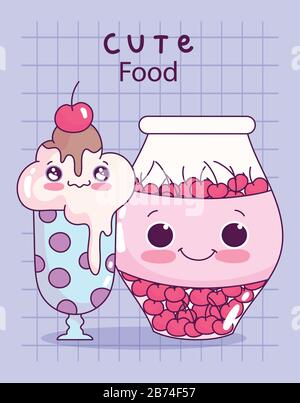 cute food jar with cherries sweet dessert kawaii cartoon vector ...