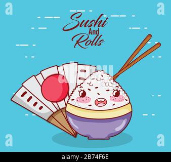 kawaii rice in bowl sticks food japanese cartoon vector illustration sushi and rolls Stock Vector