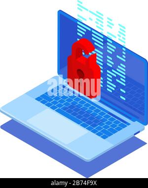 Cyberattack and virus protection concept. Isometrics PC device and red locked padlock on blue background. Hacker hack Can use for web banner, infographics, hero images. Stock Vector