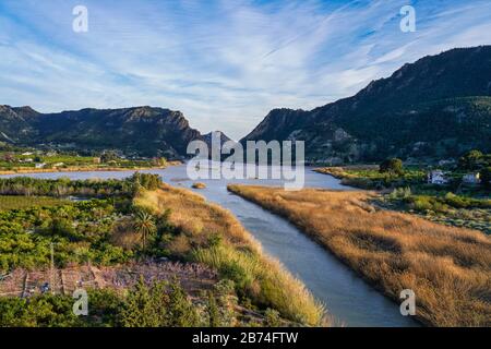 The Ojos reservoir, also called Azud de Ojos in Blanco, Region of Murcia. Spain. River Segura. Ricote Valley. Seen from the viewing platform of Alto d Stock Photo