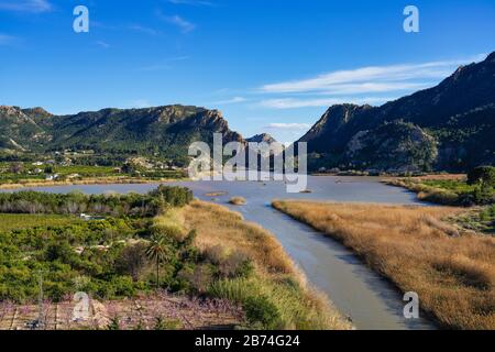 The Ojos reservoir, also called Azud de Ojos in Blanco, Region of Murcia. Spain. River Segura. Ricote Valley. Seen from the viewing platform of Alto d Stock Photo