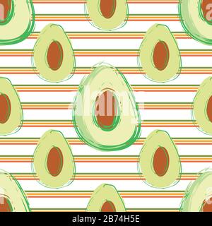 Avocado seamless vector pattern background. Hand drawn fruit with horizontal pink orange green stripes backdrop. Modern linear geometric all over Stock Vector