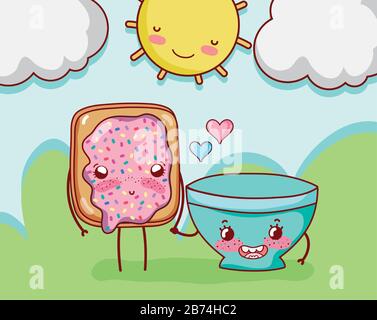 breakfast cute bread with jam and bowl cartoon vector illustration ...