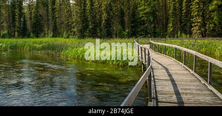 An eye-level view of a wooden bridge walkway in the forest over a lake Stock Photo