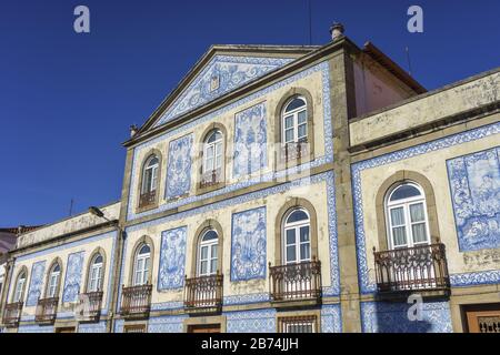 AVEIRO, PORTUGAL - Feb 19, 2020: House with beautiful portuguese style blue painted tiles azulejos in Aveiro, Portugal, Europe Stock Photo