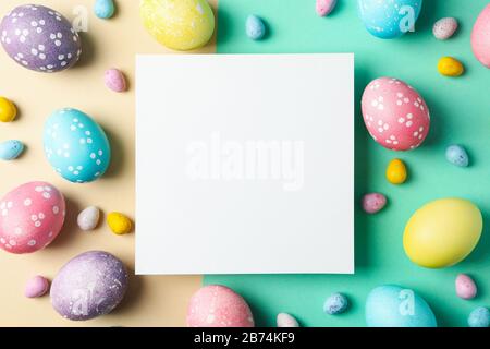 Easter eggs on two tone background, space for text Stock Photo