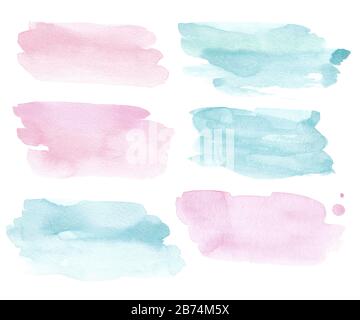 Watercolor abstract hand drawn background paint splash brush, pink and blue pastel colors texture Stock Photo