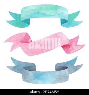 Watercolor colorful fabric tape isolated on white background, watercolor ribbons for romantic wedding design Stock Photo