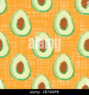 Avocado seamless vector pattern background. Hand drawn fruit illustration on watercolor paint style orange backdrop. Modern geometric textural all Stock Vector