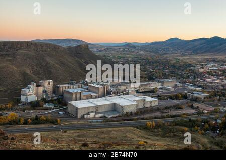 View of the Coors Brewery in Golden, Colorado from North Table Mountain. Stock Photo