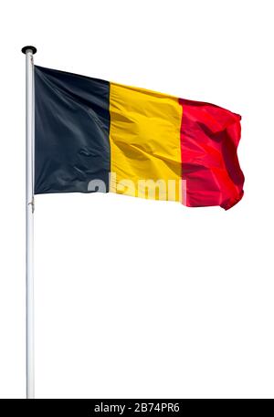 Belgian national flag on flagpole flying in the wind against white background Stock Photo