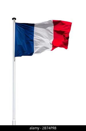 French national flag on flagpole flying in the wind against white background Stock Photo