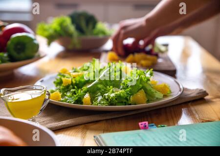 Caesar salad with copyspace on a wooden table Stock Photo
