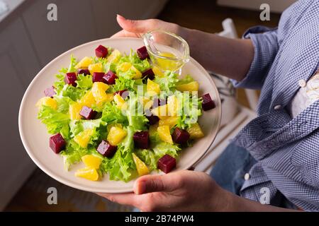 Caesar salad with copyspace on a wooden table Stock Photo