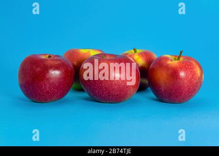 Four fresh wet red apples isolated on blue background. Stock Photo