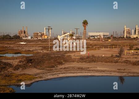 Oil pumpjacks in the Los Cerritos Wetlands, Long Beach, california, USA Stock Photo