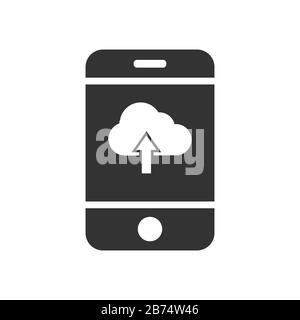 Vector mobile phone icon with a cloud icon and up arrow. Simple flat design for apps and web sites. Stock Vector