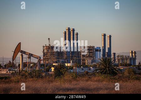 Oil pumpjacks in the Los Cerritos Wetlands, Long Beach, california, USA Stock Photo