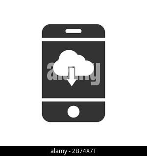 Vector mobile phone icon with a cloud icon and a down arrow. Simple flat design for apps and web sites. Stock Vector