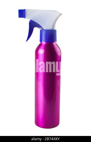 studio shot of spraying purple bottle on white background Stock Photo