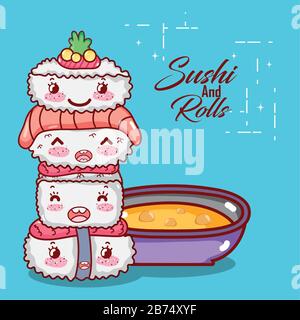 stacked sushi wasabi fish salmon and soup kawaii food japanese cartoon vector illustration sushi and rolls Stock Vector