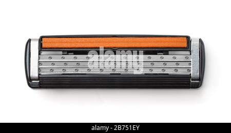 Front view of replaceable razor blade cartridge isolated on white Stock Photo