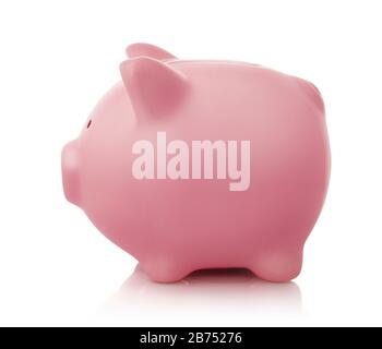 Side view of pink piggy bank isolated on white Stock Photo