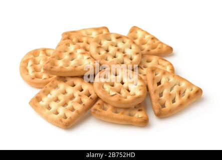 Pile of crispy crackers isolated on white Stock Photo