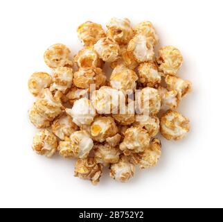Top view of fresh caramel popcorn isolated on white Stock Photo