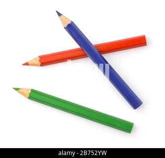 Top view of three color pencils isolated on white Stock Photo