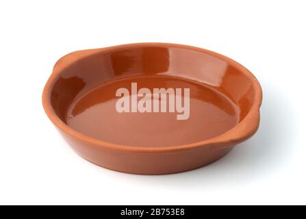 Round clay baking dish isolated on white Stock Photo