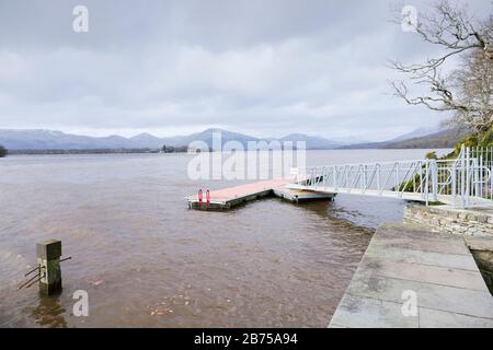 Balmaha pier in storm weather at Loch Lomond Stock Photo