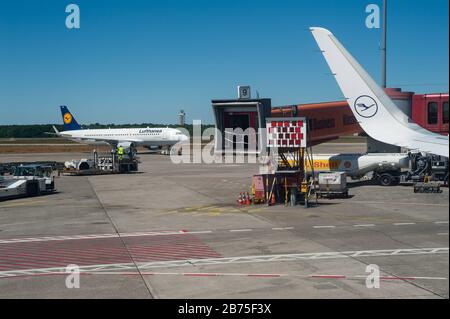 02.06.2017, Berlin, Germany, Europe - View from a Lufthansa passenger aircraft at Berlin Tegel Airport. Lufthansa is a member of the Star Alliance, an international network of airlines. [automated translation] Stock Photo