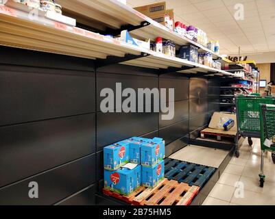 Torrevieja, Spain: March 13, 2020: Inside of grocery supermarket chain. Shoppers emptying out local store shelves amid closings caused by coronavirus Stock Photo