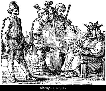 King Cole, this scene shows the king sitting on chair and three fiddler playing musical instruments in front of the king, vintage line drawing or engr Stock Vector