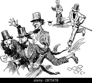 A man with stick in suit running behind three men, another man holding books and looking at them, hat on ground, vintage line drawing or engraving ill Stock Vector