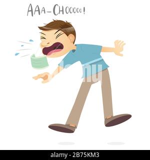 Asian man wears medical surgical mask to protect himself from COVID-19 virus and dust pm 2.5 pollution and he  sneezing spread to other people Stock Vector
