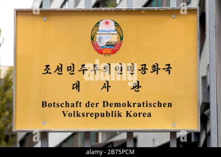 Sign 'Embassy of the Democratic People's Republic of Korea' at the embassy in Berlin. [automated translation] Stock Photo