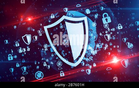 Shield. Cyber security, computer protection and digital safety symbols on digital globe 3d illustration. Abstract concept background of future technol Stock Photo