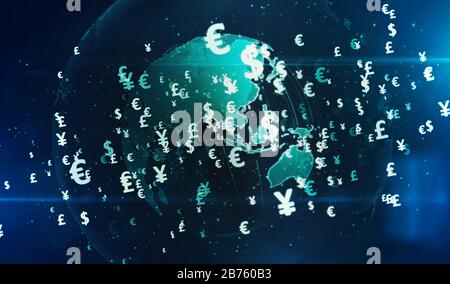 Money symbols. Dollar, Euro, Yen and Pound currency icons on digital globe 3d illustration. Abstract concept background of finance, banking and global Stock Photo