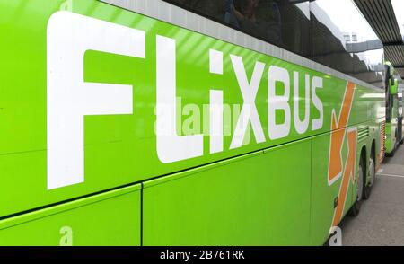 Long-distance bus from 'Flixbus' at Berlin ZOB, central bus station, on 20.09.2016 [automated translation] Stock Photo