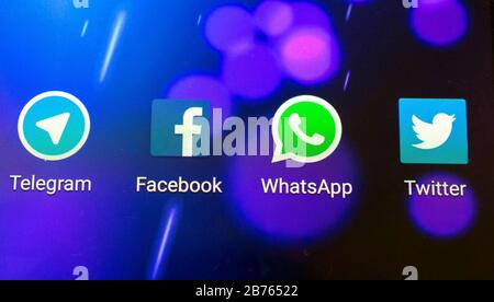 The apps of Telegram, facebook, WhatsApp and Twitter are shown as icons on an Android smartphone on 12.01.2016. [automated translation] Stock Photo