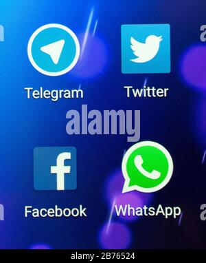 The apps of Telegram, facebook, WhatsApp and Twitter are shown as icons on an Android smartphone on 12.01.2016. [automated translation] Stock Photo