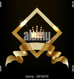 Crown in a gold diamond with a ribbon. Stock Vector