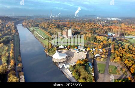 Aerial view of the Norsternpark on 28.10.2015. The Norsternpark with open-air stage, the Rhein-Herne-Canal and in the background the coking plant Prosper in Bottrop. The landscape park was opened in 1997 for the opening of the BUGA. [automated translation] Stock Photo